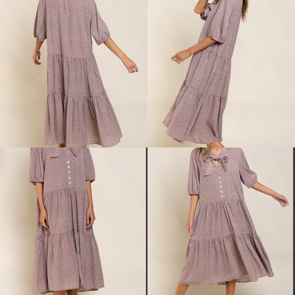 POL Ditsy Flower Red Bean MIDI Dress - Picture 6 of 8